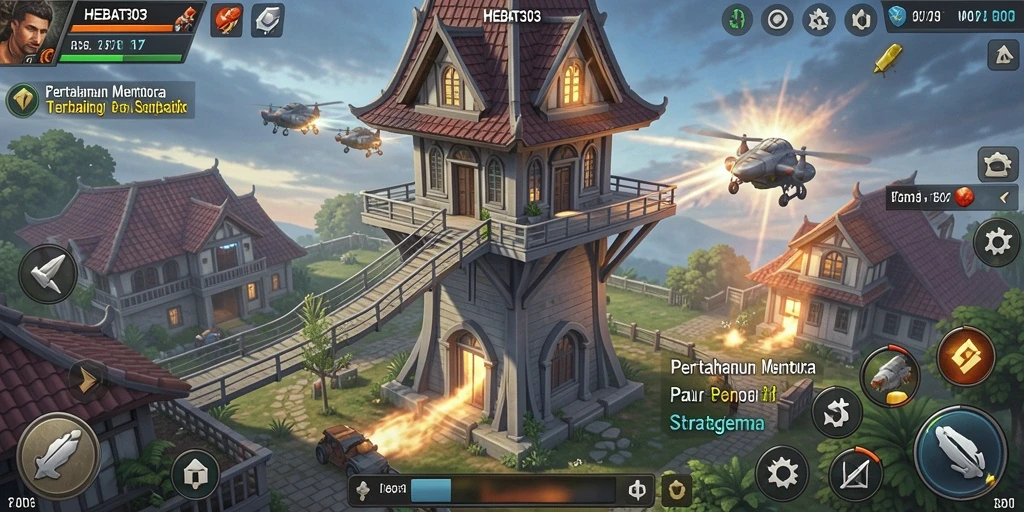 Screenshot gameplay HEBAT303 yang menunjukkan pertahanan menara yang strategis.