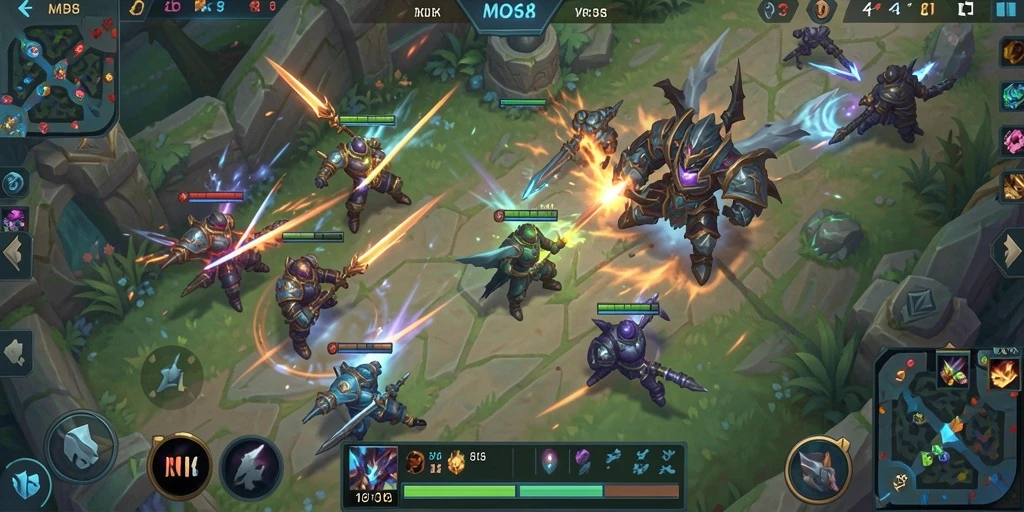 Gambar tampilan gameplay MOBA yang intens.