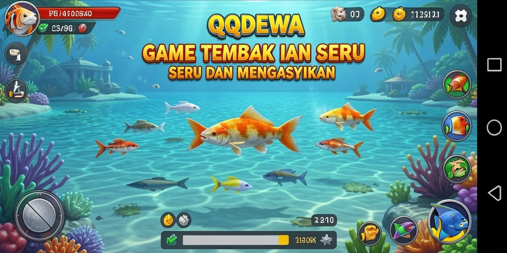 Screenshot gameplay QQDEWA dengan aksi menembak ikan.