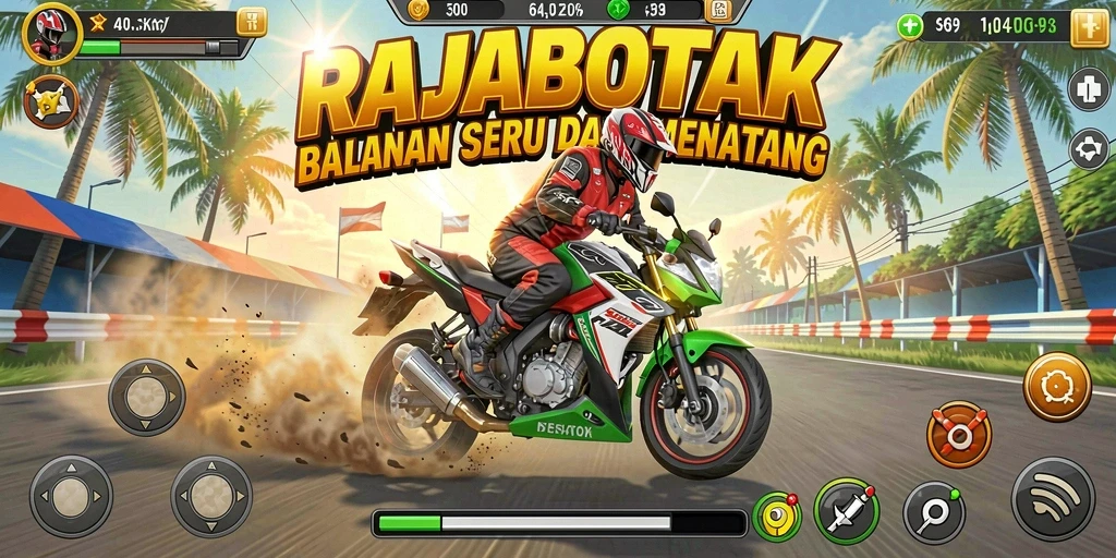 Screenshot RAJABOTAK menampilkan aksi balapan motor yang seru dan mendebarkan.