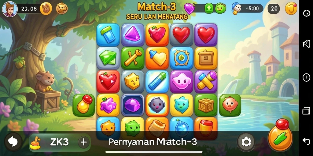 Tampilan gameplay ZK3 yang menarik dan penuh warna.